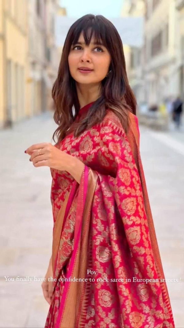 Red Soft Litchi Silk Jacquard Work Saree - Image 5