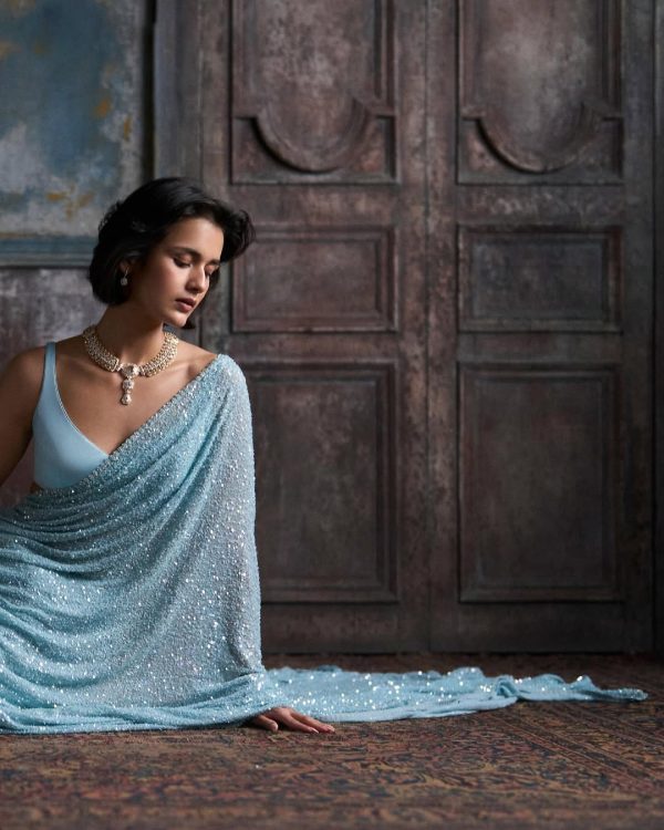Sky Blue Georgette Khichdi Sequence Work Saree - Image 3