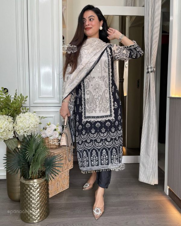 White Chinon Printed Mirror Work Salwar Suit - Image 2