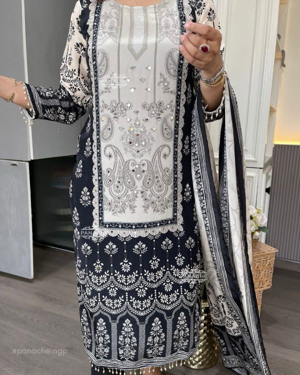 White Chinon Printed Mirror Work Salwar Suit - Image 3