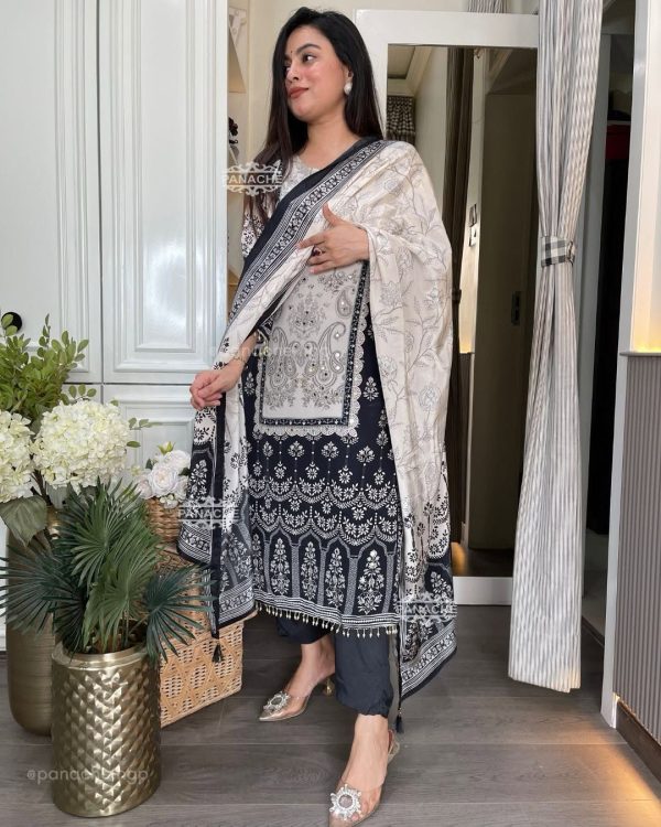 White Chinon Printed Mirror Work Salwar Suit - Image 4