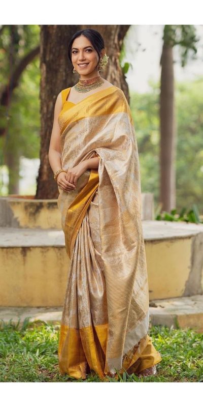 Fantastic Yellow Color Soft Lichi Silk Golden Jari Jacquard border Saree