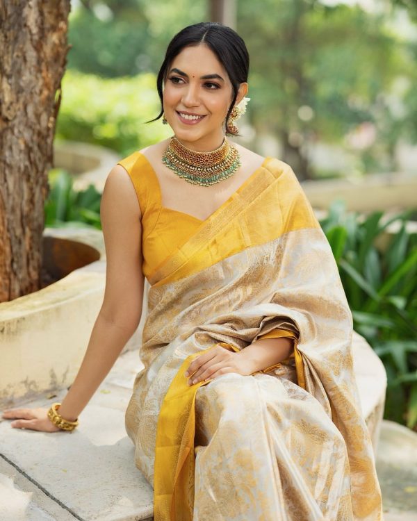 Yellow Soft Litchi Silk Golden Jari Jacquard Border Saree - Image 4