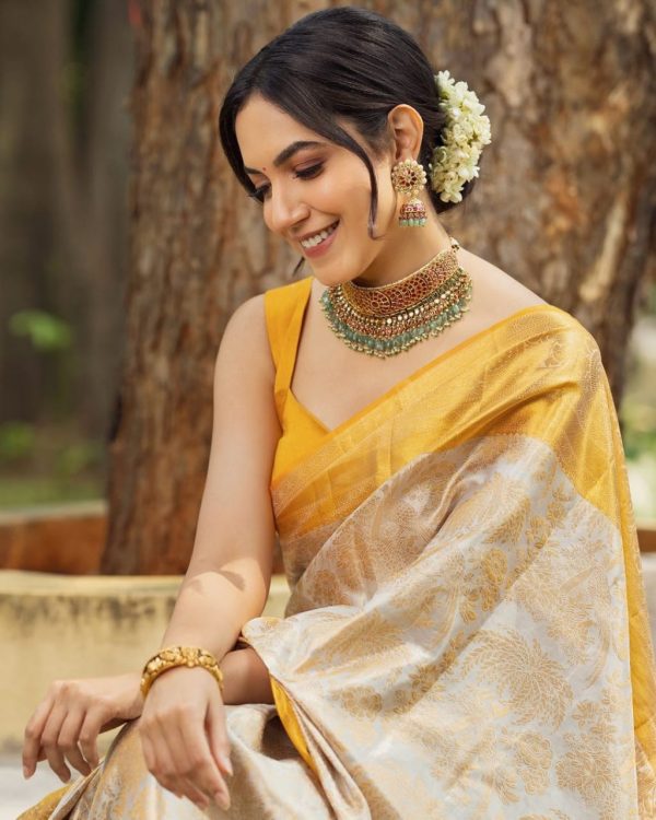 Yellow Soft Litchi Silk Golden Jari Jacquard Border Saree - Image 8