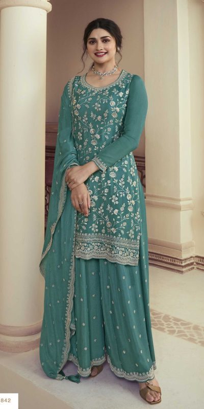 Glowing Blue Color Chinon Embroidery Multi Work Salwar Suit