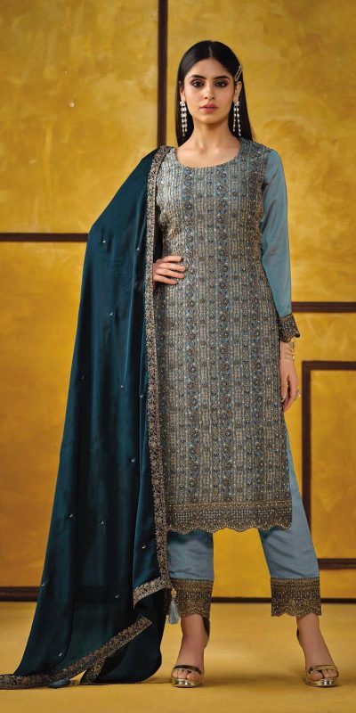 Glowing Blue Color Rangoli Coding Sequence Work Salwar Suit