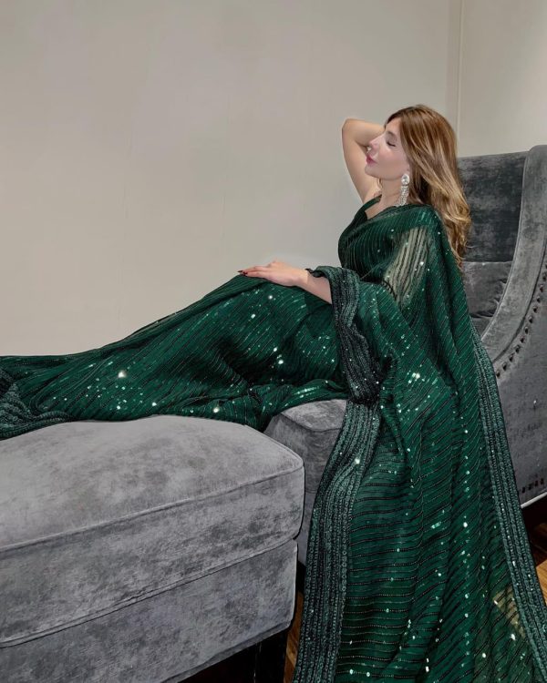 Green Fox Georgette Embroidery Sequence Work Saree - Image 2