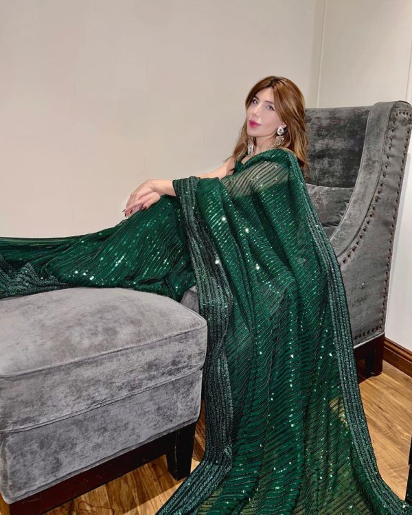 Green Fox Georgette Embroidery Sequence Work Saree - Image 3