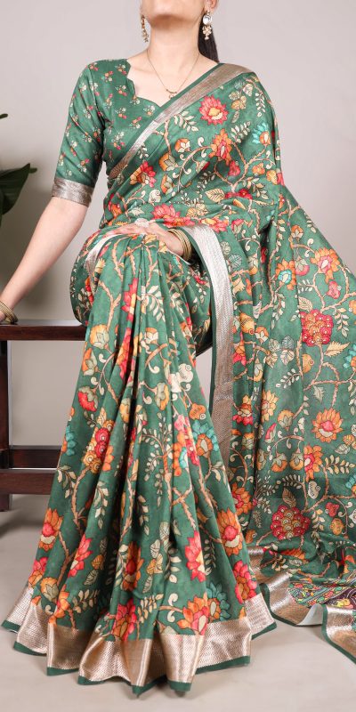 Glowing Green Color Tushar Silk With Viscose Border Printed Saree
