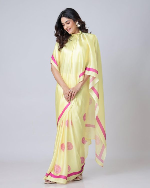 Lemon Yellow Japan Satin Digital Print Work Saree - Image 2
