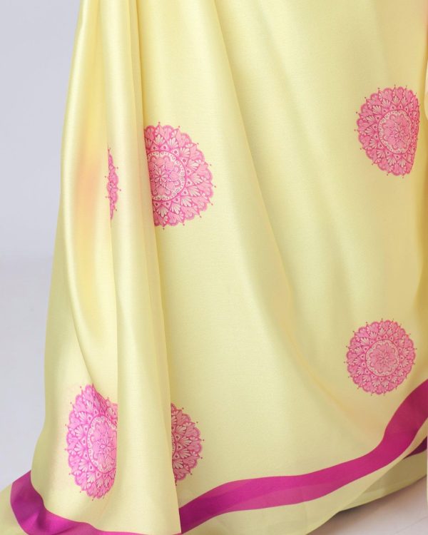 Lemon Yellow Japan Satin Digital Print Work Saree - Image 3