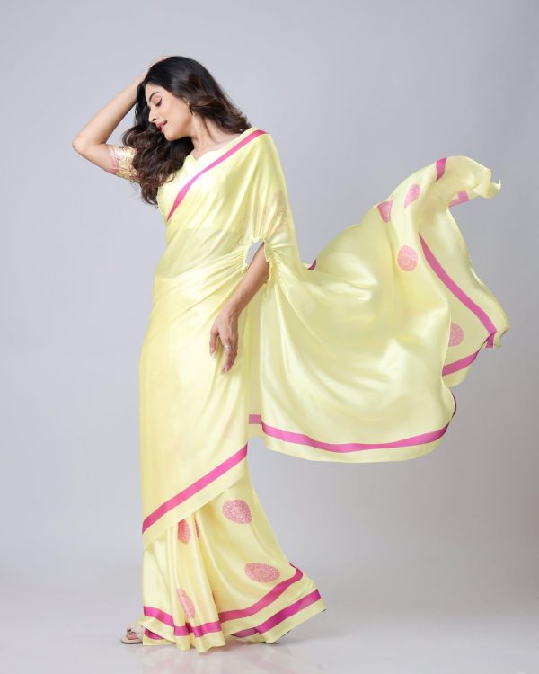 Lemon Yellow Japan Satin Digital Print Work Saree - Image 5