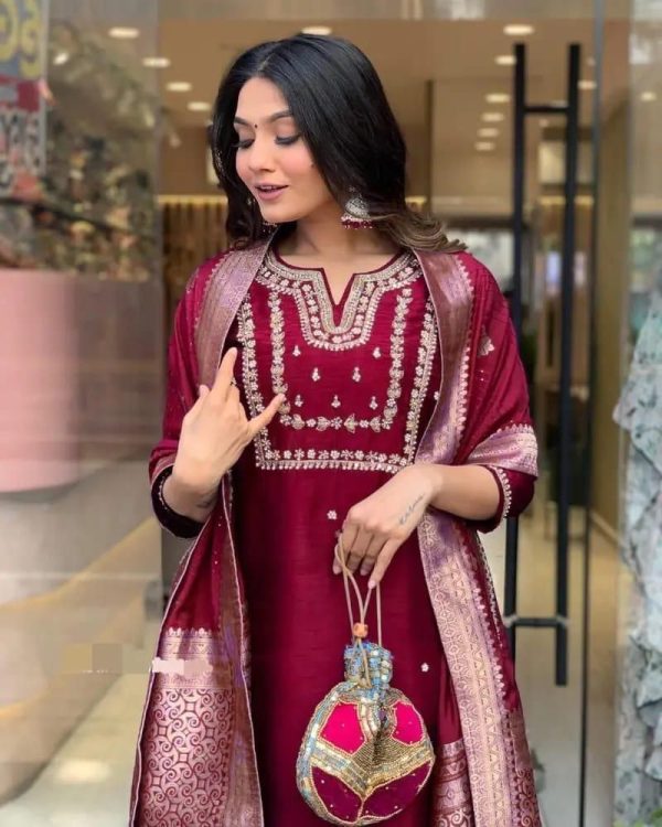 Glowing Maroon Color Roman Silk Coding Work Salwar Suit