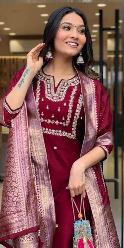 Glowing Maroon Color Roman Silk Coding Work Salwar Suit