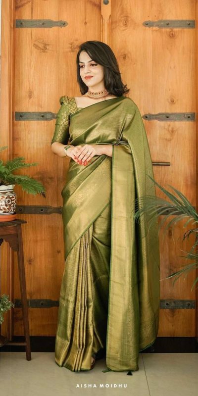 Glowing Mehndi Color Lichi Silk Jacquard Work On All Over Saree