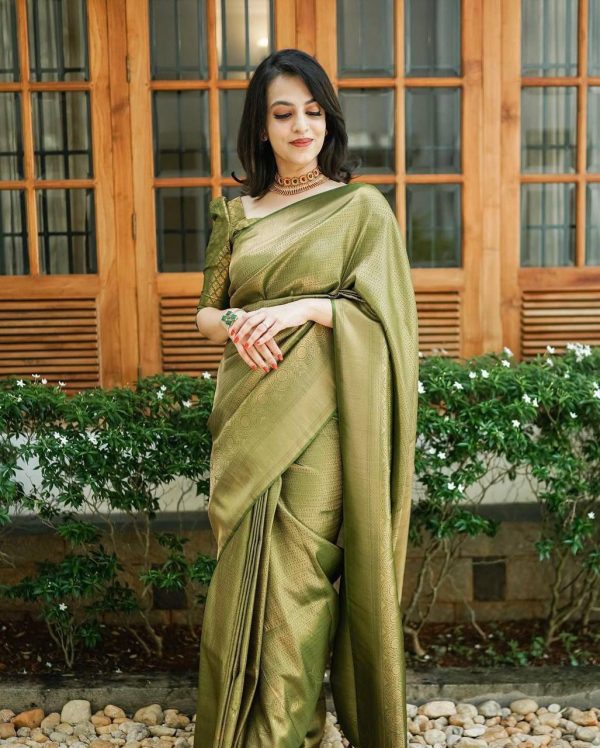 Mehndi Silk Jacquard Work On All Over Saree - Image 7