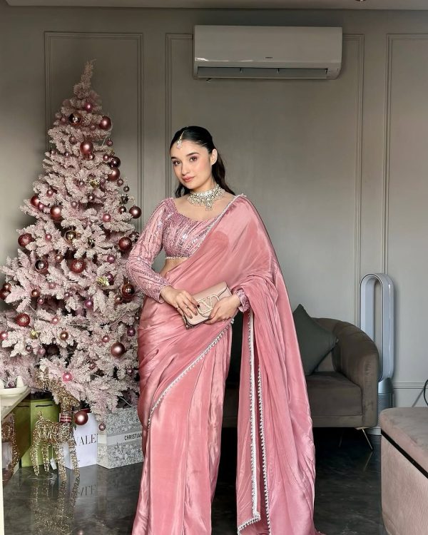 Peach Crepe Silk With Kody Lace Work Saree - Image 2