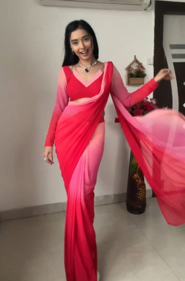 Pink And Red Soft Georgette Silk Ready To Wear Saree - Image 2