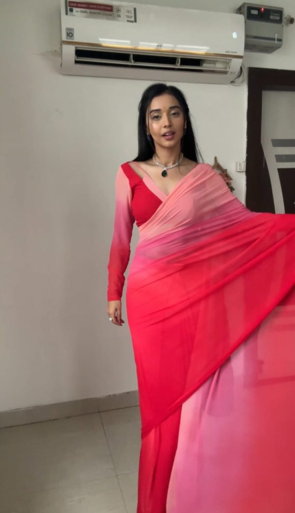 Pink And Red Soft Georgette Silk Ready To Wear Saree - Image 3