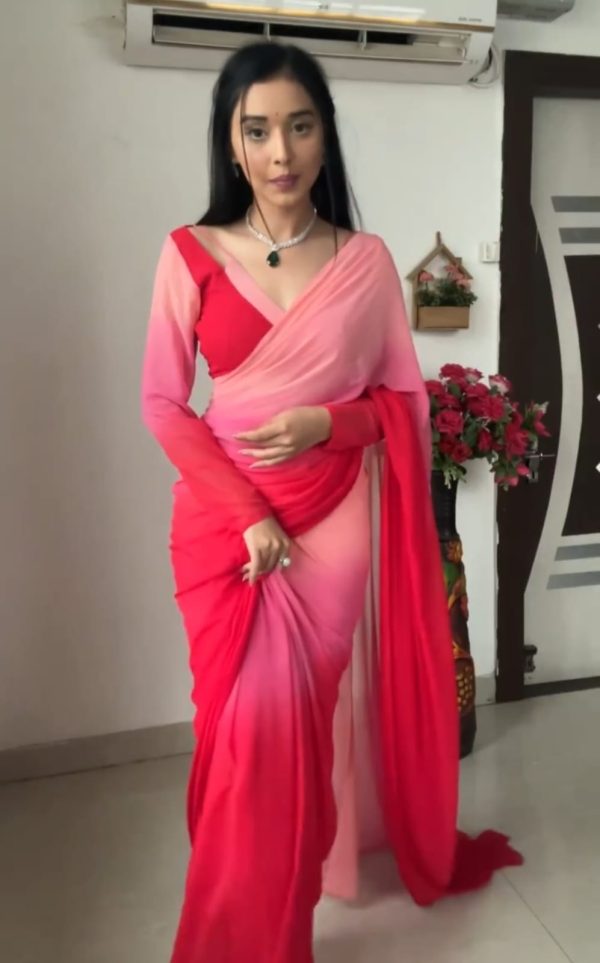 Pink And Red Soft Georgette Silk Ready To Wear Saree - Image 4