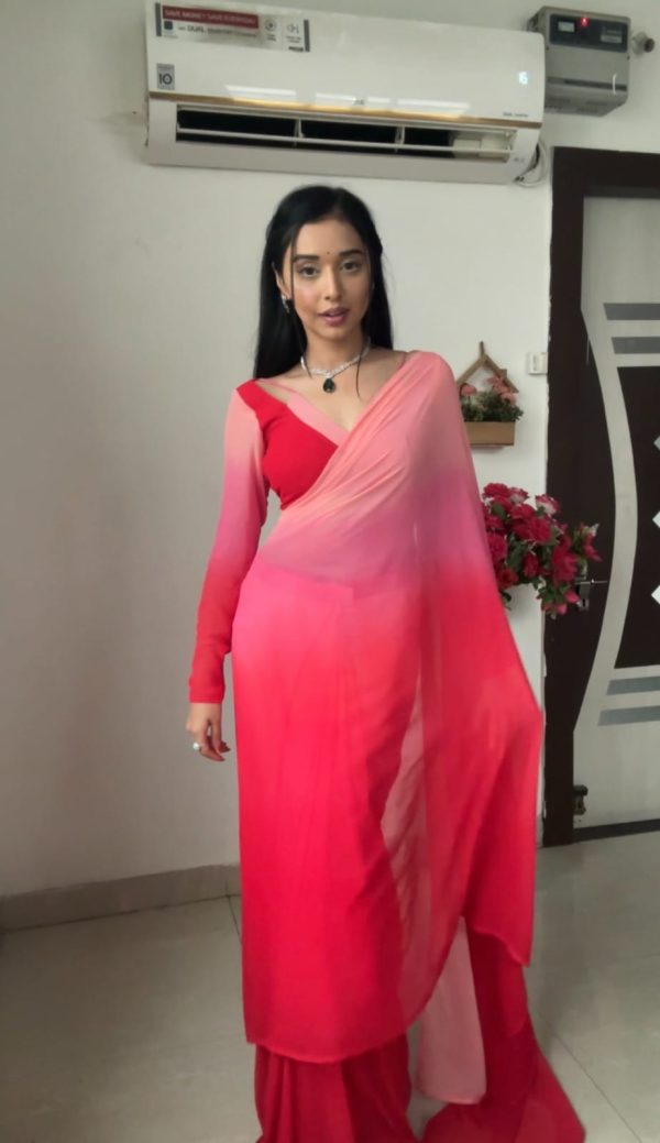Pink And Red Soft Georgette Silk Ready To Wear Saree - Image 5