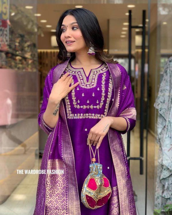 Purple Roman Silk Coding Work Salwar Suit - Image 2
