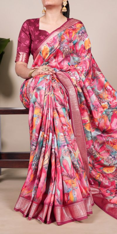 Glowing Rani Pink Color Tushar Silk With Viscose Border Printed Saree