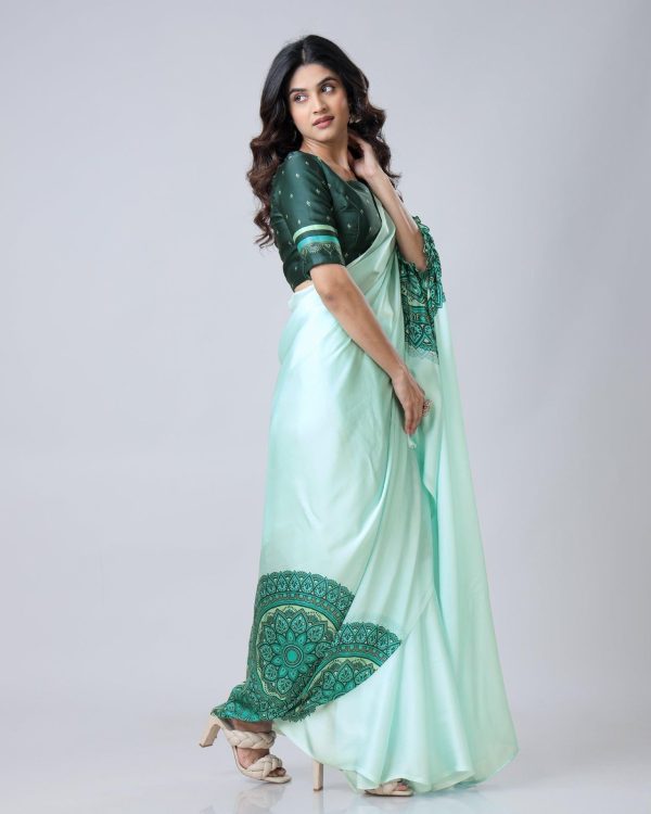 Sea Green Japan Satin Digital Print Work Saree - Image 2