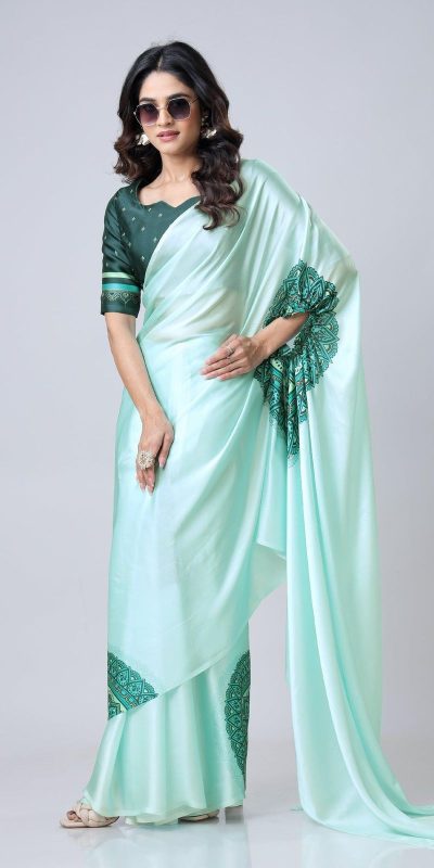 Glowing Sea Green Color Japan Satin Digital Print Work Saree