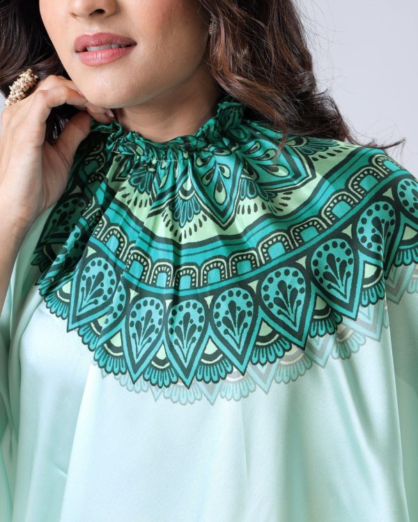 Sea Green Japan Satin Digital Print Work Saree - Image 3