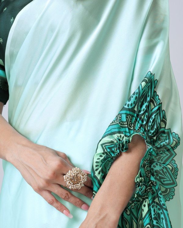 Sea Green Japan Satin Digital Print Work Saree - Image 4