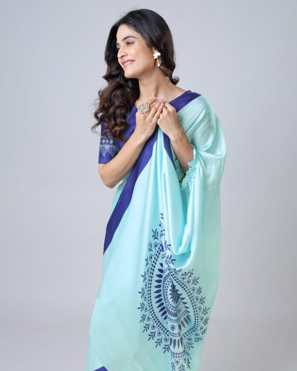Sky Blue Japan Satin Digital Print Work Saree - Image 2