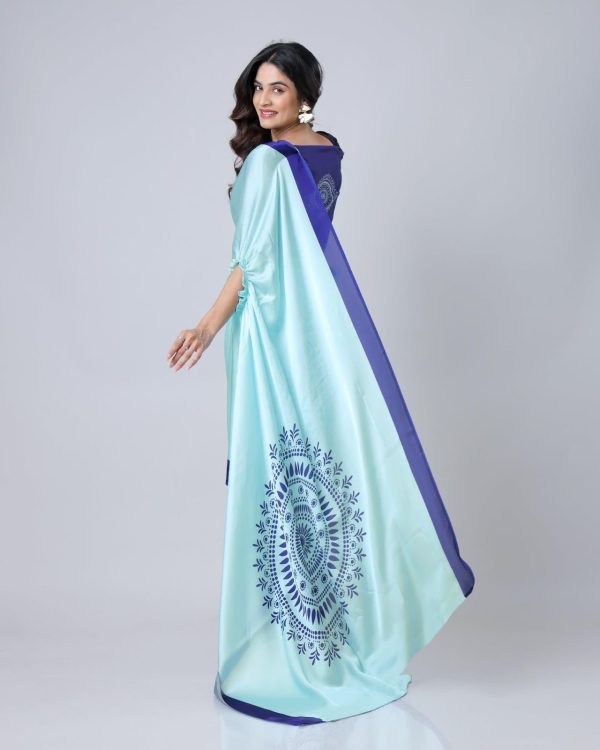 Sky Blue Japan Satin Digital Print Work Saree - Image 3