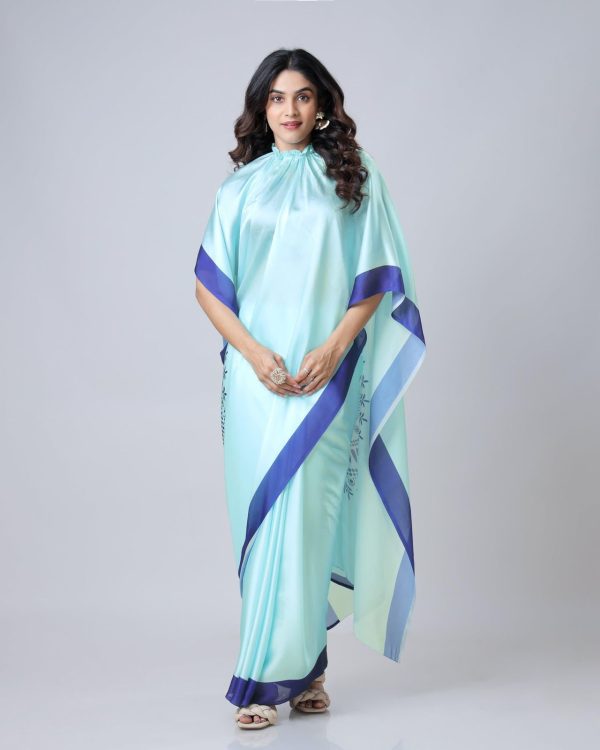 Sky Blue Japan Satin Digital Print Work Saree - Image 5