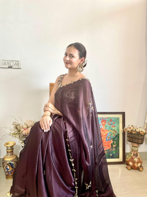 Gorgeous Brown Color Rangoli Silk Handwork Cutwork Pearl Saree