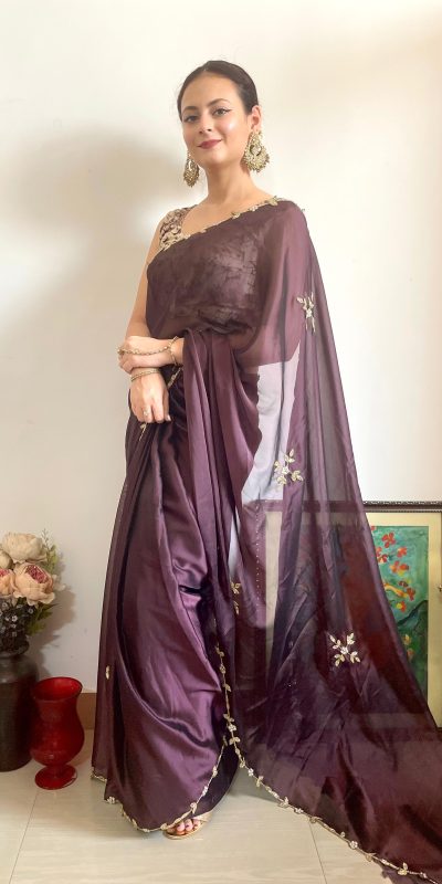 Gorgeous Brown Color Rangoli Silk Handwork Cutwork Pearl Saree