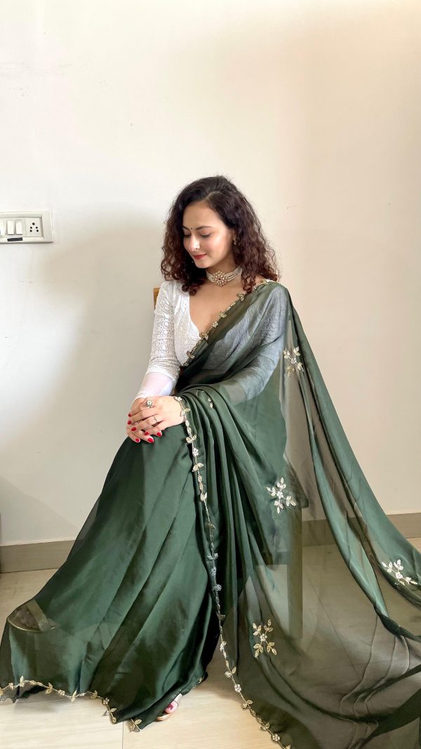 Green Rangoli Silk Handwork Cutwork Pearl Saree - Image 2