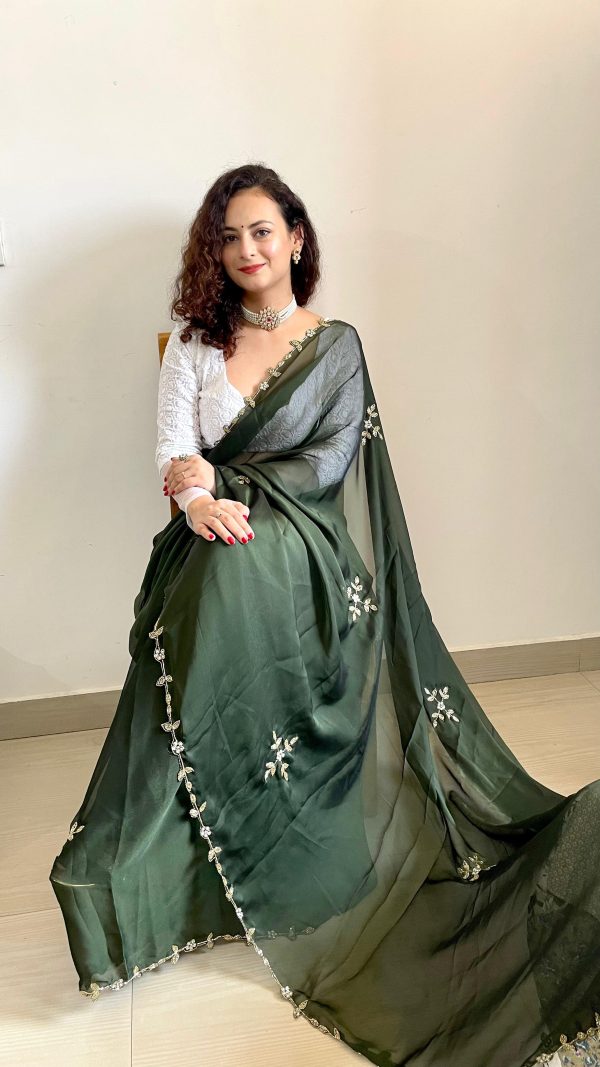 Green Rangoli Silk Handwork Cutwork Pearl Saree - Image 3