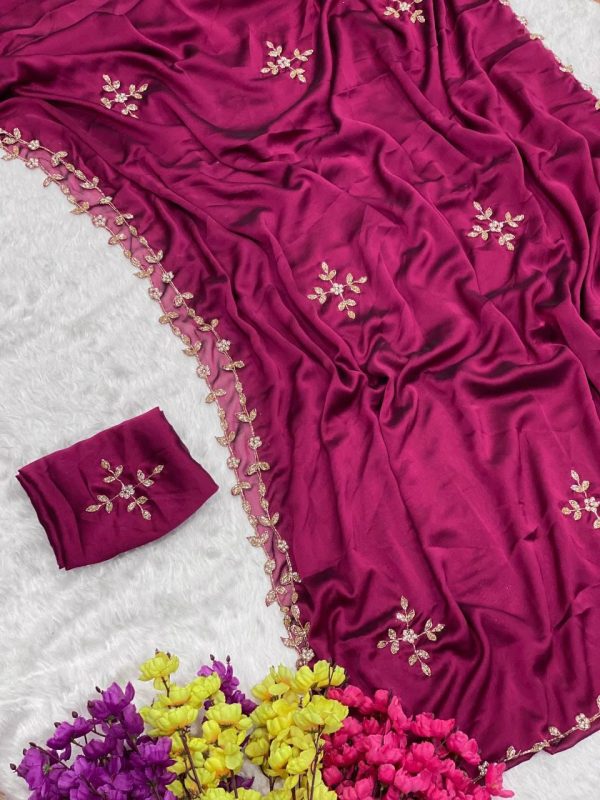 Rani Pink Rangoli Silk Handwork Cutwork Pearl Saree - Image 3