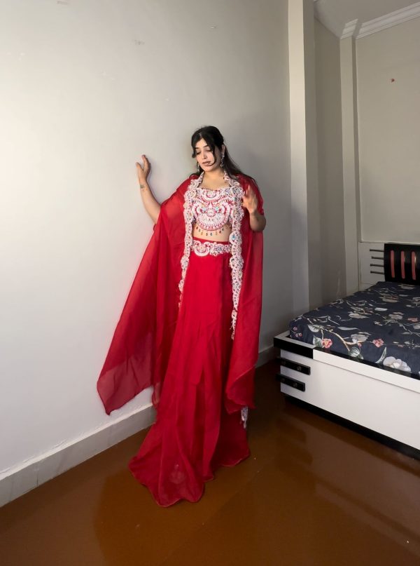 Red Georgette Sequence Diamond Work Dhoti Suit - Image 2