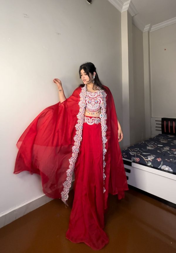 Red Georgette Sequence Diamond Work Dhoti Suit - Image 3