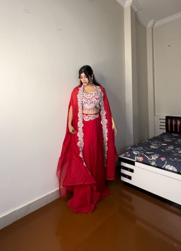 Red Georgette Sequence Diamond Work Dhoti Suit - Image 5