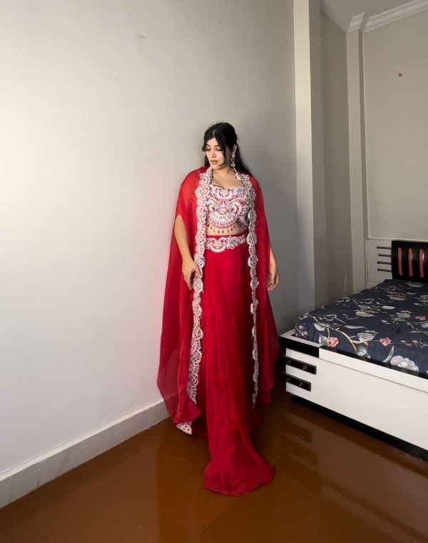Red Georgette Sequence Diamond Work Dhoti Suit - Image 7