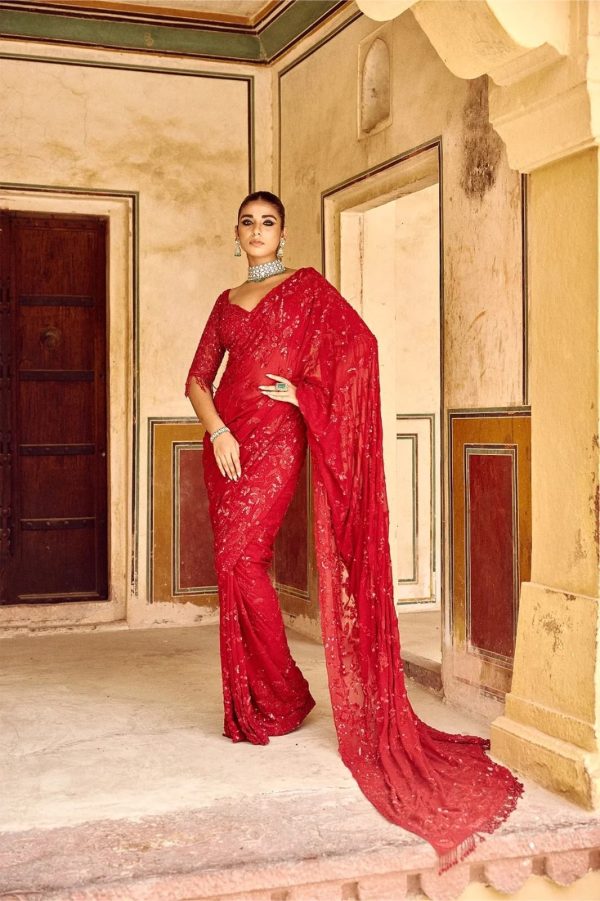 Red Georgette Sequins Embroidery Work Saree - Image 2