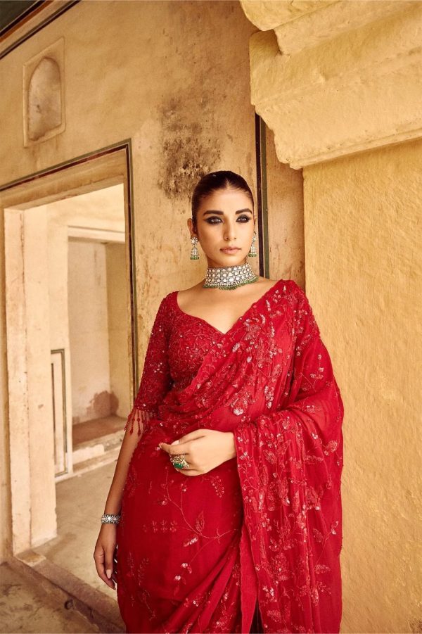 Red Georgette Sequins Embroidery Work Saree - Image 3