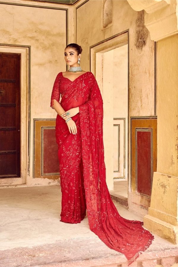 Gorgeous Red Color Georgette Sequins Embroidery work Saree