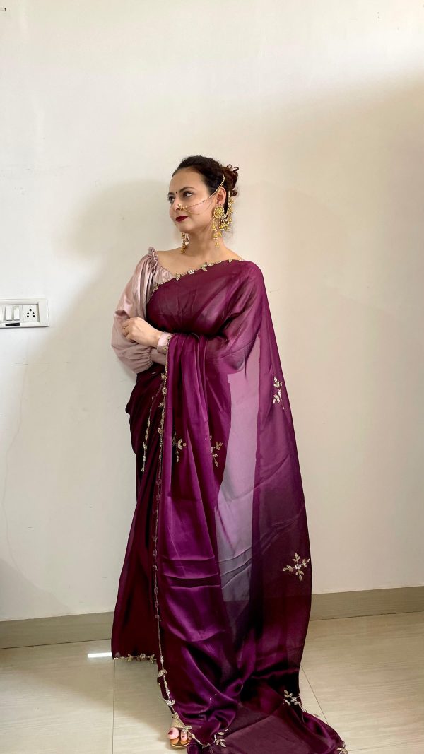 Gorgeous Wine Color Rangoli Silk Handwork Cutwork Pearl Saree