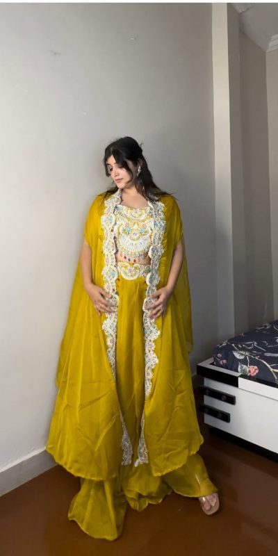 Gorgeous Yellow Color Georgette Sequence Diamond Work Dhoti Suit