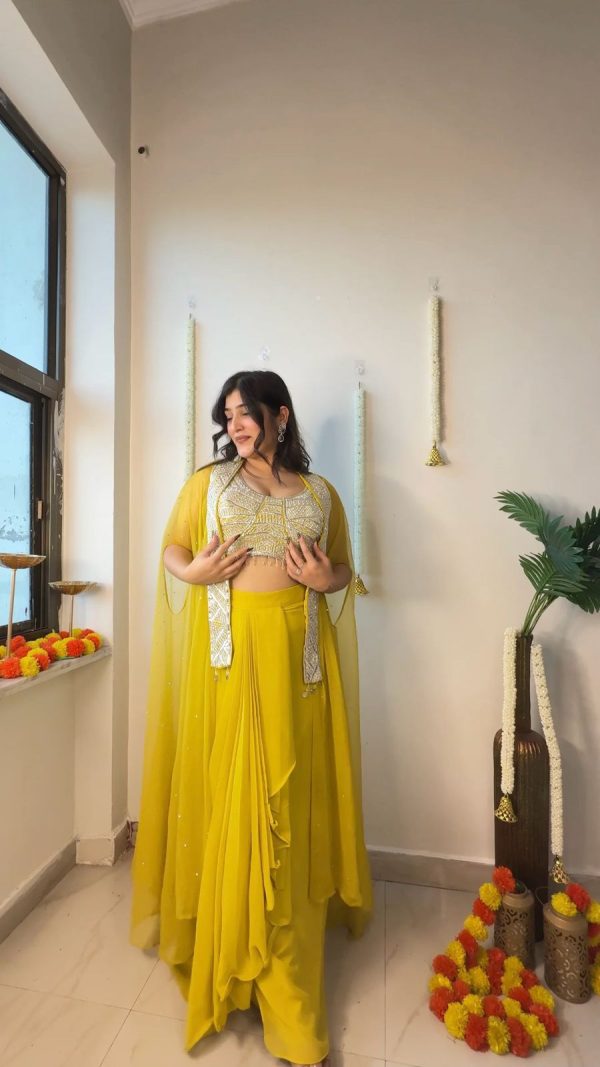 Yellow Georgette Sequence Work On Front Dhoti Suit - Image 3