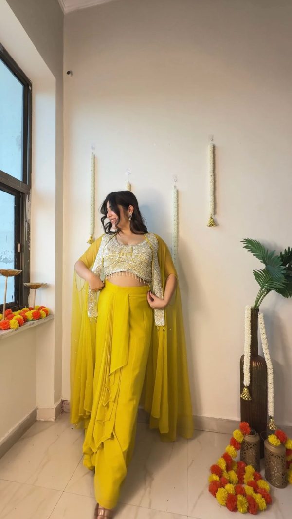 Yellow Georgette Sequence Work On Front Dhoti Suit - Image 4